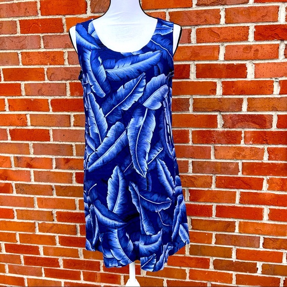 Peppermint Bay New York Sleeveless Blue Tropical Leaf Print Dress Womens Small - Picture 1 of 8